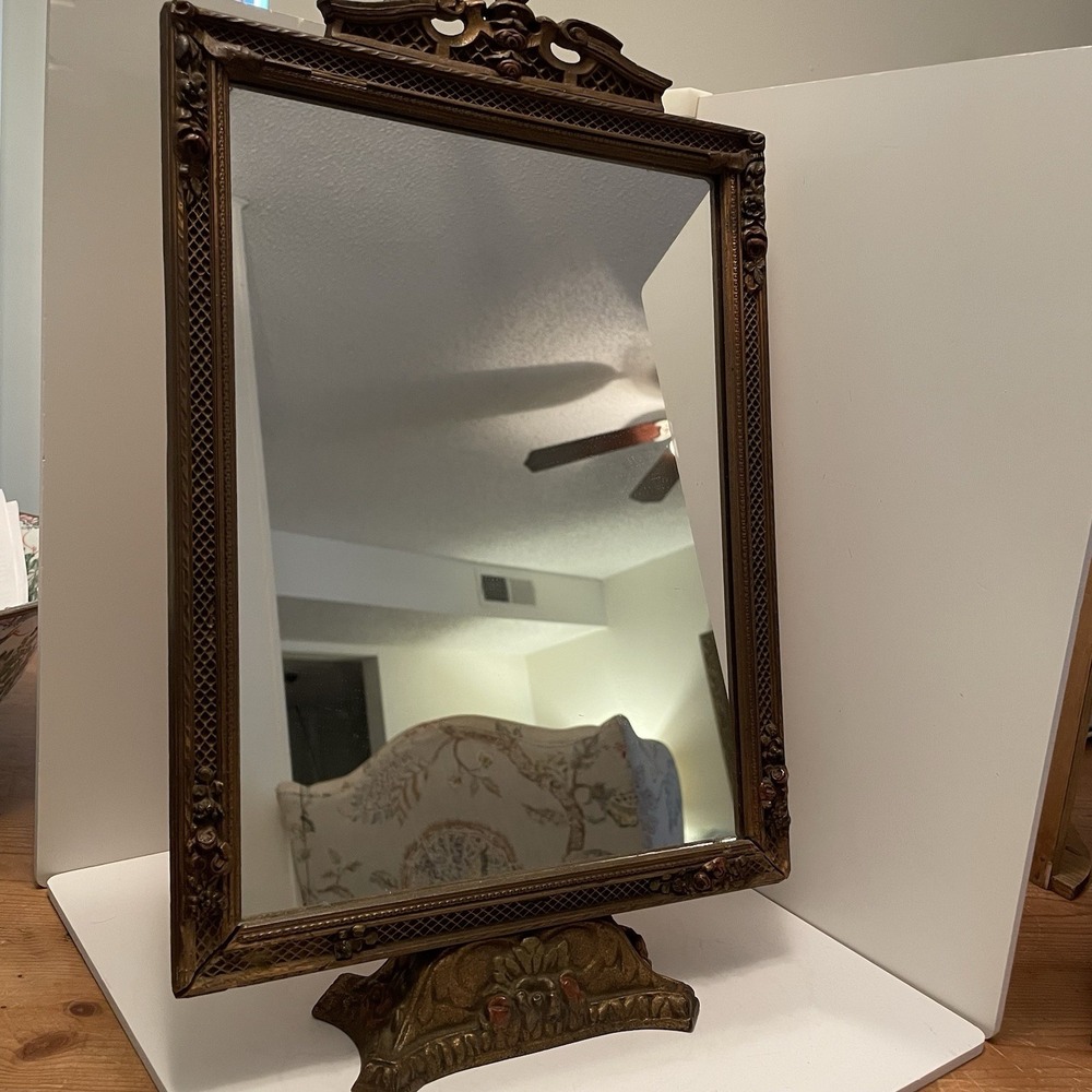 Vintage Victorian Style Tabletop Vanity Mirror Wood Frame Ornate Cast Iron Base